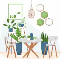 Vector gratuito composición plana de café ecológico moderno con lámpara de plantas decorativas de paisaje interior y mesa de madera con sillas ilustración vectorial