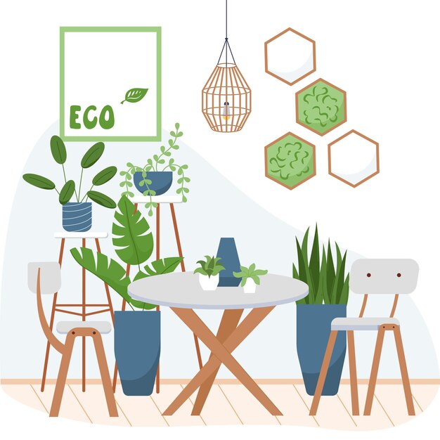 Composición plana de café ecológico moderno con lámpara de plantas decorativas de paisaje interior y mesa de madera con sillas ilustración vectorial