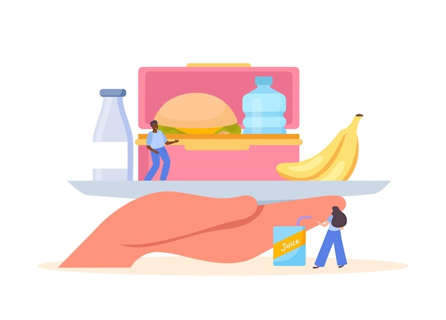 Vector gratuito composición plana de la caja de almuerzo con mano humana sosteniendo la bandeja con comidas y personas en la ilustración de vector de fondo en blanco