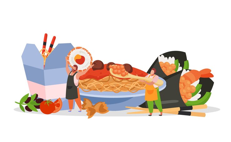 Vector gratuito composición plana de la caja de wok con fideos de comida rápida de comida japonesa en un plato con caja de cartón para llevar