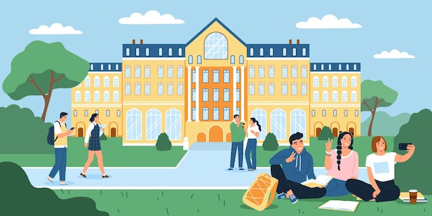 Vector gratuito composición plana del campus de estudiantes con edificio universitario en la ilustración de vector de fondo