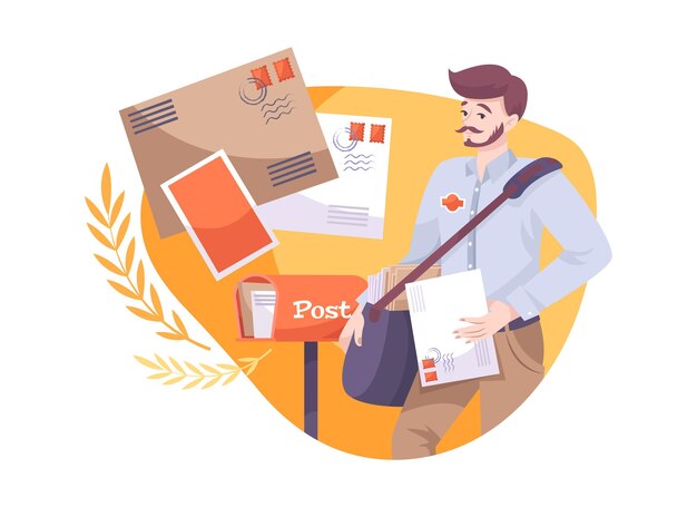 Composición plana con cartero masculino y cartas en sobres ilustración vectorial