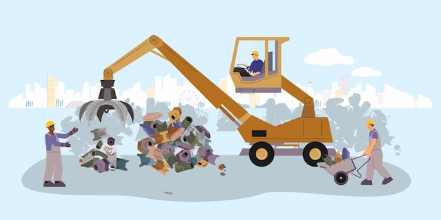 Composición plana de chatarra con fondo de paisaje urbano y vista de bulldozer con trabajadores que mueven ilustración de vector de hierro de desecho