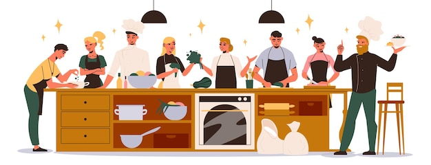 Vector gratuito composición plana de clases culinarias con un grupo de adultos cocinando juntos bajo la guía de la ilustración vectorial del chef