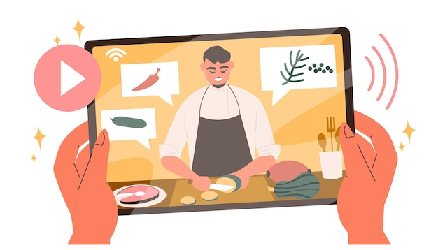 Composición plana de clases culinarias en línea con manos humanas sosteniendo tableta con personaje masculino en la ilustración de vector de plato de cocina de pantalla