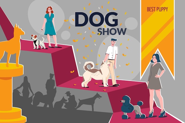 Vector gratuito composición plana del collage de la exposición canina con el mejor título de cachorro de la exposición canina y los perros en el stand de la exposición en la ilustración vectorial de la alfombra