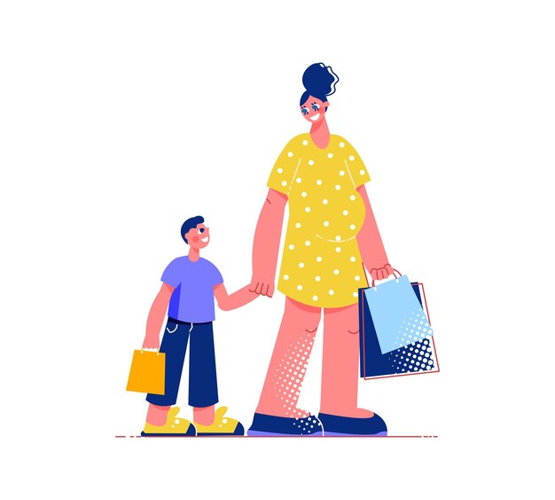 Composición plana de compras familiares con personajes de hijo y madre con bolsas de la compra.