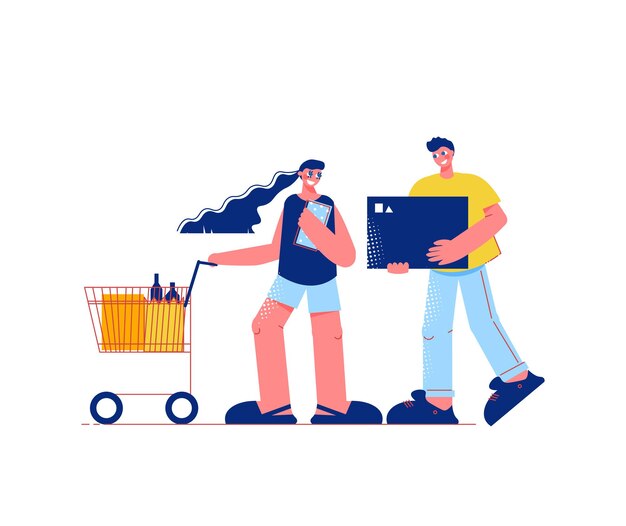 Composición plana de compras familiares con personajes de hombre con caja y mujer con carro