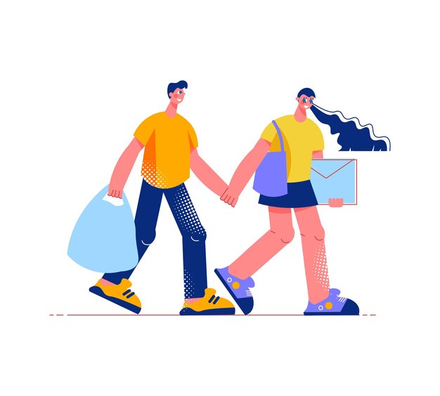 Composición plana de compras familiares con personajes de hombre y mujer tomados de la mano con bolsas de la compra.