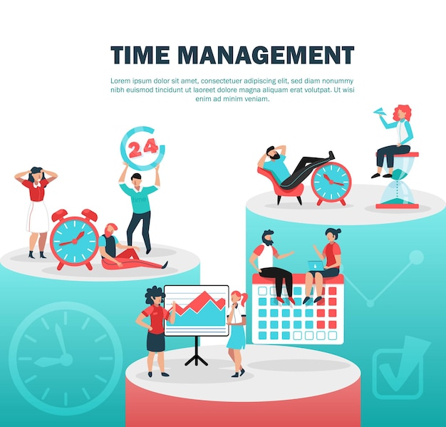 La composición plana del concepto de gestión del tiempo con éxito con el establecimiento de límites de tiempo se rompe entre las tareas que se planifican con anticipación