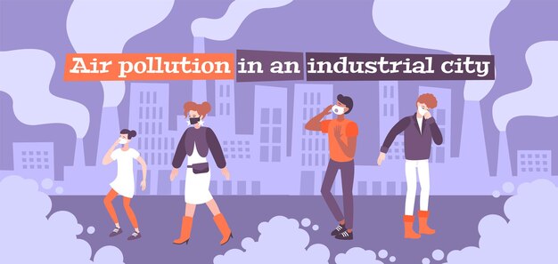 Composición plana de contaminación del aire de protección contra el polvo con texto editable y personajes humanos de garabatos en máscaras respiratorias