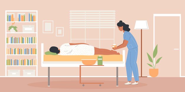 Composición plana de cuidado postrado en cama con paisaje interior doméstico y carácter de médico lavando la ilustración de vector de paciente atado a la cama
