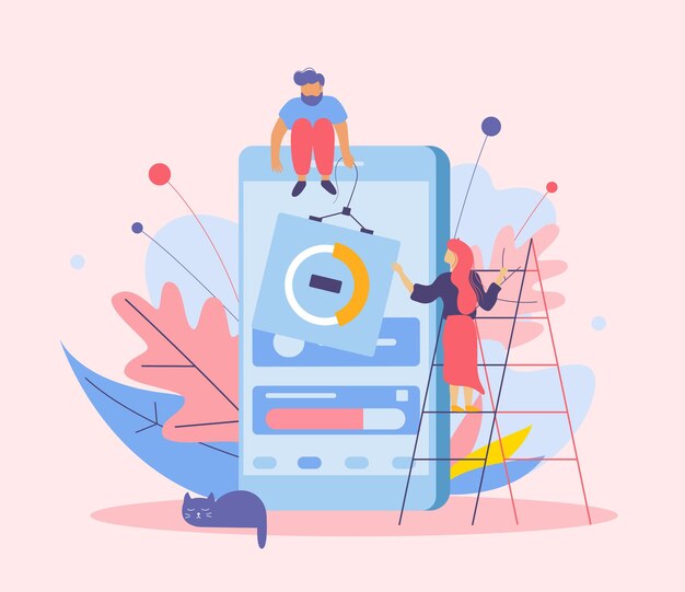 Composición plana de desarrollo de aplicaciones con imágenes de personajes humanos de doodle de escaleras de teléfonos inteligentes y flores con hojas