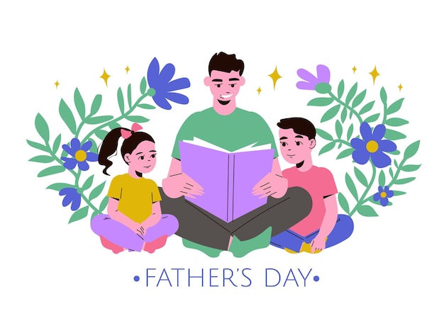 Vector gratuito composición plana del día del padre con el padre leyendo un libro a sus hijos ilustración vectorial