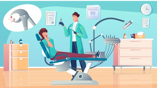 Composición plana del diente de extracción con el dentista en el consultorio y el paciente en el sillón dental con ilustración de burbuja de pensamiento