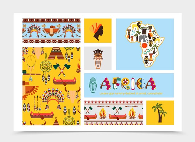 Composición plana de elementos nativos africanos con animales África mapa máscaras tribales ilustración de símbolos étnicos y tradicionales