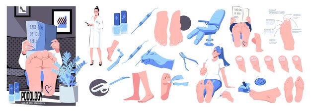 Composición plana de la enfermedad del pie de podología con un conjunto de imágenes de pies humanos aislados con iconos de herramientas médicas ilustración vectorial