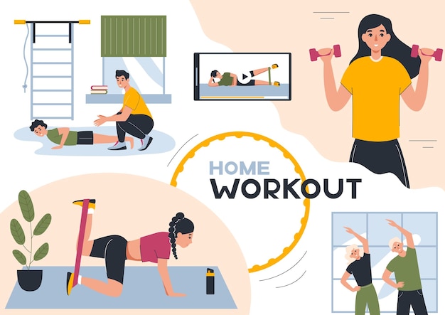 Composición plana de entrenamiento en casa con collage de ejercicios deportivos domésticos aparatos gimnásticos personajes humanos e ilustración vectorial de texto