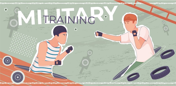 Vector gratuito composición plana de entrenamiento militar con collage de hombres luchadores con texto editable y siluetas de tarjetas de destino ilustración vectorial