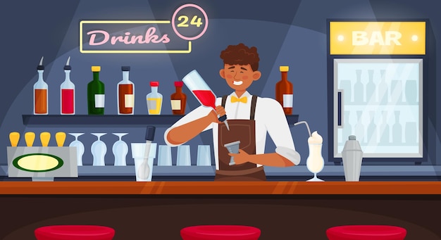 Composición plana del equipo de barman barman con vista frontal del puesto de bar con carácter de garabato de ilustración de vector de barman