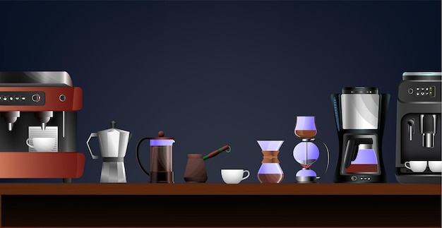 Composición plana del equipo de café con moka pot máquina automática taza jezve prensa francesa en la mesa contra la ilustración de vector de fondo oscuro