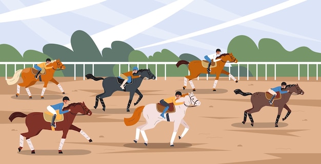 Vector gratuito composición plana de la escena de la competencia deportiva de caballos con seis jinetes ilustración vectorial