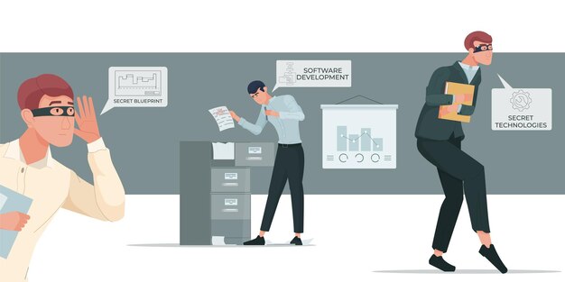 Composición plana de espionaje industrial con gabinete de oficina de personajes humanos estilo doodle con documentos secretos e ilustración de vectores de texto