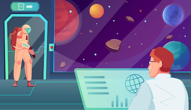 Composición plana de la estación espacial con un paisaje interior de una nave espacial con un astronauta cerca de la puerta y la ilustración del controlador de la misión