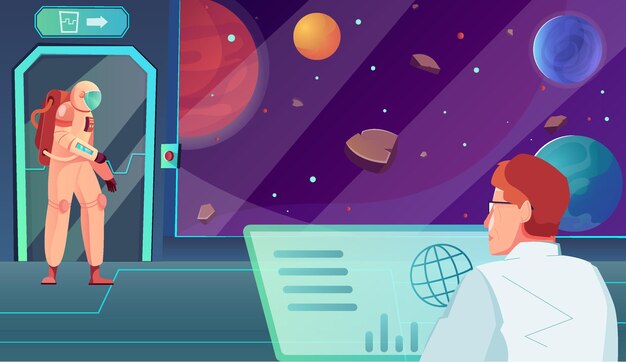 Composición plana de la estación espacial con un paisaje interior de una nave espacial con un astronauta cerca de la puerta y la ilustración del controlador de la misión