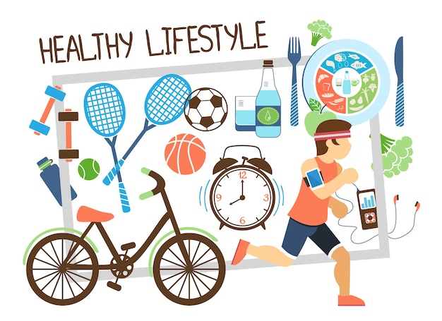 Composición plana de estilo de vida activo con correr hombre bicicleta raquetas bolas reloj de comida saludable en la ilustración de marco