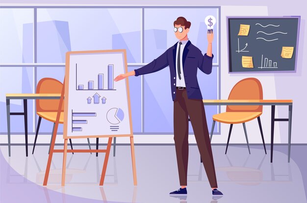 Composición plana de estrategia de inversión con escenario de oficina y personaje masculino apuntando al tablero con gráficos de barras