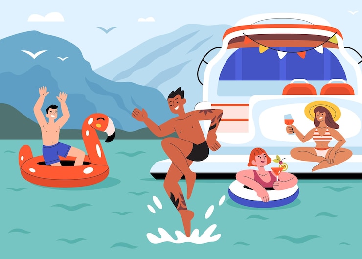 Vector gratuito composición plana de la fiesta de yates con paisajes al aire libre de la bahía de agua de mar con amigos escalofriantes bebiendo saltando ilustración vectorial