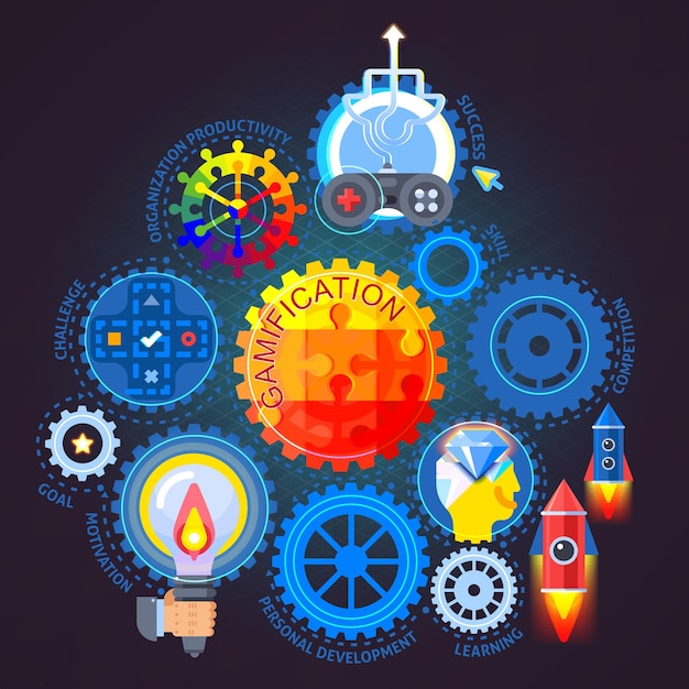 Composición plana de gamificación sobre fondo oscuro con mecanismo de engranajes coloridos, joystick, cohetes, ilustración vectorial