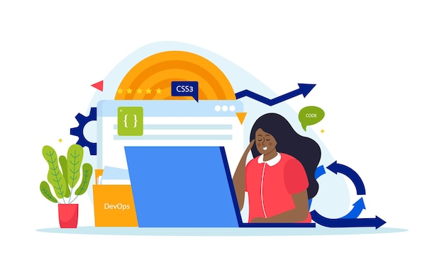 Composición plana de ingeniería devops con personaje de mujer negra dedicada al desarrollo de software para la ilustración de vector de diseño de página web