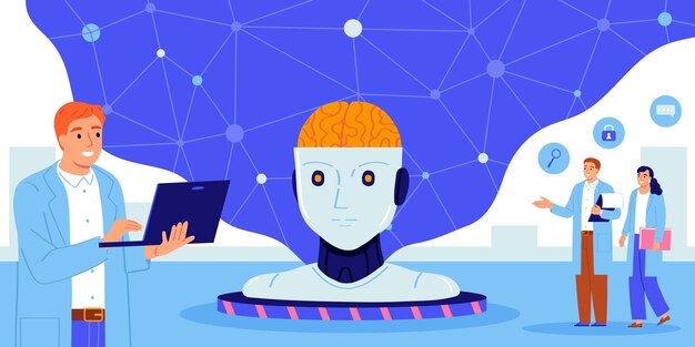 Composición plana de inteligencia artificial con un grupo de científicos y cabeza androide con cerebro en la ilustración vectorial del centro de investigación