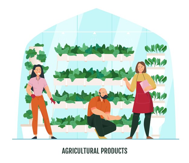 Composición plana con jardineros y macetas con plantas en invernadero.