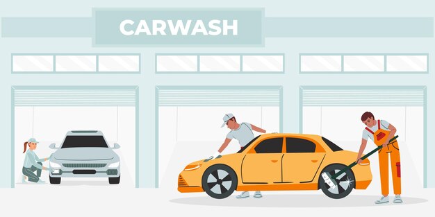 Composición plana de lavado de autos con vista al garaje de lavado de autos con personajes humanos de trabajadores que hacen ilustraciones de vectores de trabajo