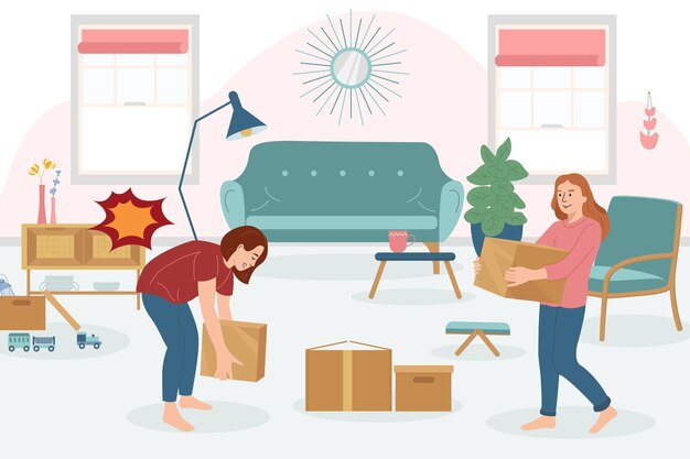 Composición plana de lesiones domésticas con vista interior de la renovación de la sala de estar con una mujer que se lastima en la espalda ilustración vectorial