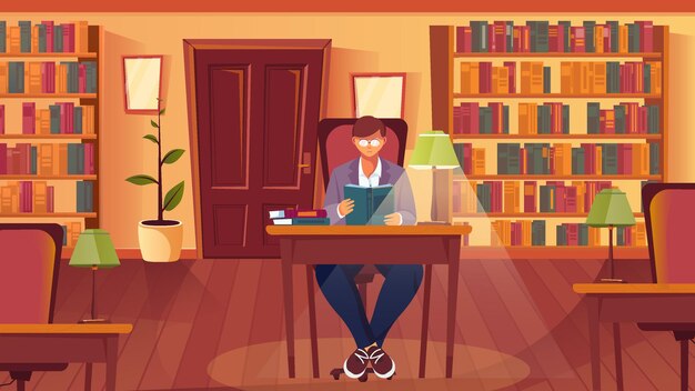 Composición plana de libros de lectura con biblioteca interior estanterías estanterías y mesa con lámpara y hombre de lectura