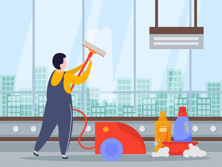 Vector gratuito composición plana de limpieza de ventanas con carácter humano que lava una ventana amplia con una aspiradora y detergentes para lavar la ilustración