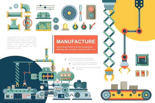 Composición plana de la línea de producción industrial con cinta transportadora, brazo mecánico, tubos de rueda dentada, botón de encendido, engranajes, eje, placa de circuito electrónico, indicadores, ilustración
