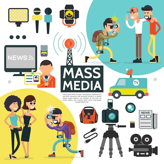 Composición plana de medios de comunicación con cámaras de reportero torre de radio equipo de periodista profesional