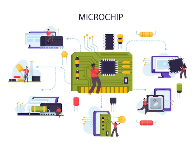 Vector gratuito composición plana de microchip con componentes de computadora y personajes humanos en la ilustración de vector de fondo blanco