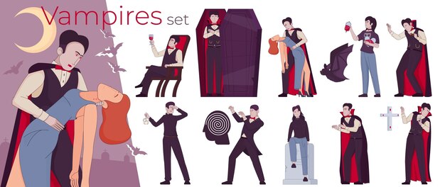 Composición plana de murciélago vampiro con un conjunto de íconos aislados que muestran personajes míticos muertos vivientes con trajes medievales ilustración vectorial