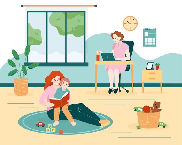 Composición plana de niñera con paisaje hogareño y niñera jugando con un niño pequeño mientras su madre trabaja en ilustraciones vectoriales