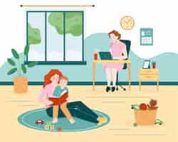 Vector gratuito composición plana de niñera con paisaje hogareño y niñera jugando con un niño pequeño mientras su madre trabaja en ilustraciones vectoriales