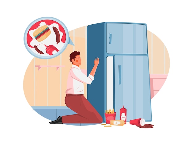 Composición plana de nutrición con personaje masculino pensando en comida abrazando la ilustración de vector de nevera