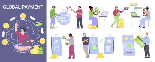 Composición plana de pagos globales con personas que utilizan la banca en línea para la ilustración vectorial de transferencias de dinero internacionales