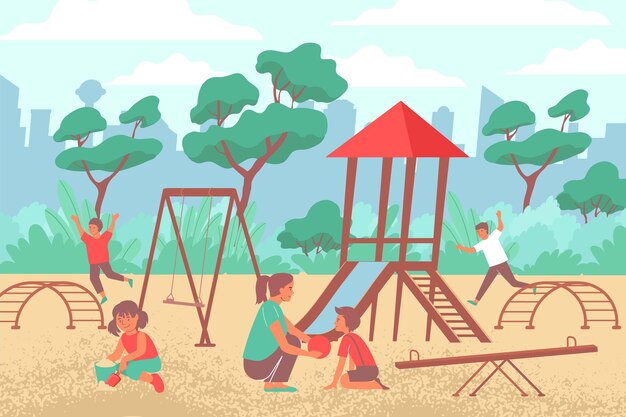Composición plana del parque infantil de la ciudad de paisaje al aire libre con paisaje urbano y equipo de juego con niños y madre ilustración