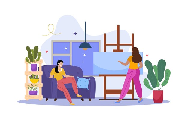 Composición plana de personas creativas con una joven artista demostrando su obra de arte a su novia ilustración vectorial